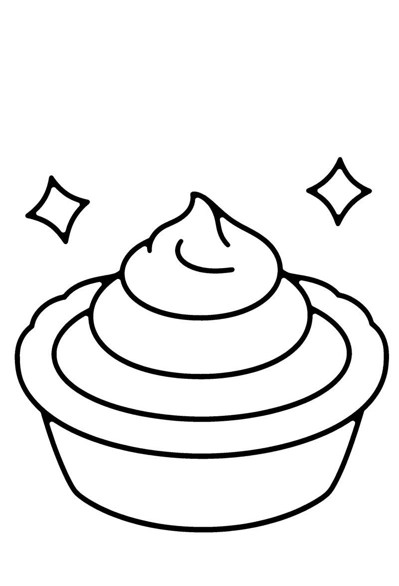 Pumpkin Pie coloring page: one round pie standing in the middle, seen from above, with a thick wavy crust rim around the edge, a smooth flat filling and one big swirl of cream in the middle